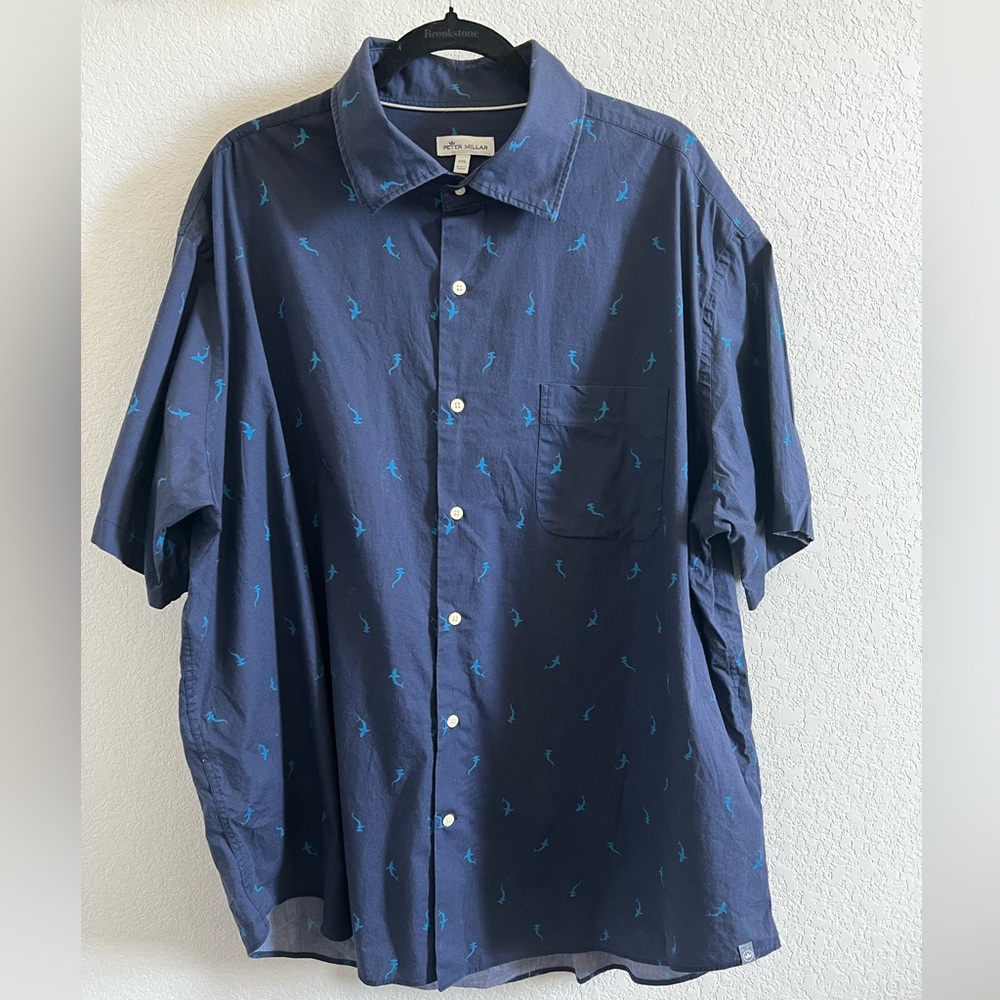 Peter Millar XXL short sleeve button down blue with hammerhead sharks